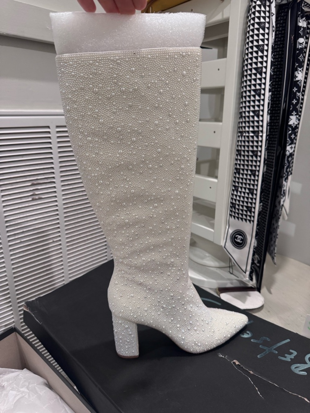 NWB Betsey Johnson Pearl White Embellished Knee-High Block Heel Boots Size 7